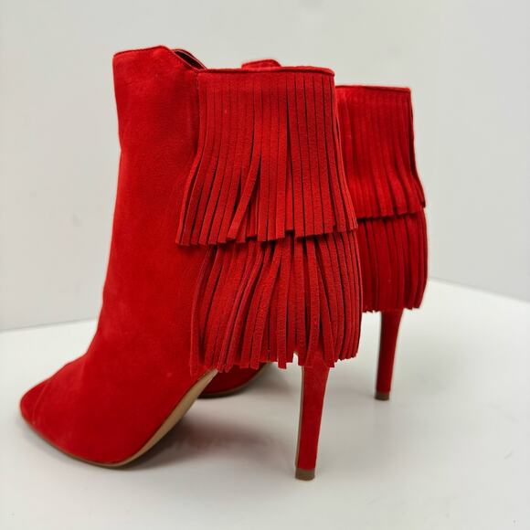 NEW Vince Camuto Amenala Bright Red Faux Suede Western Fringe Peep Toe Bootie - Picture 10 of 14